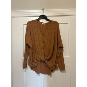 Women's Size Medium Striped Textured Mustard Button-Down Front Tie Blouse Fall